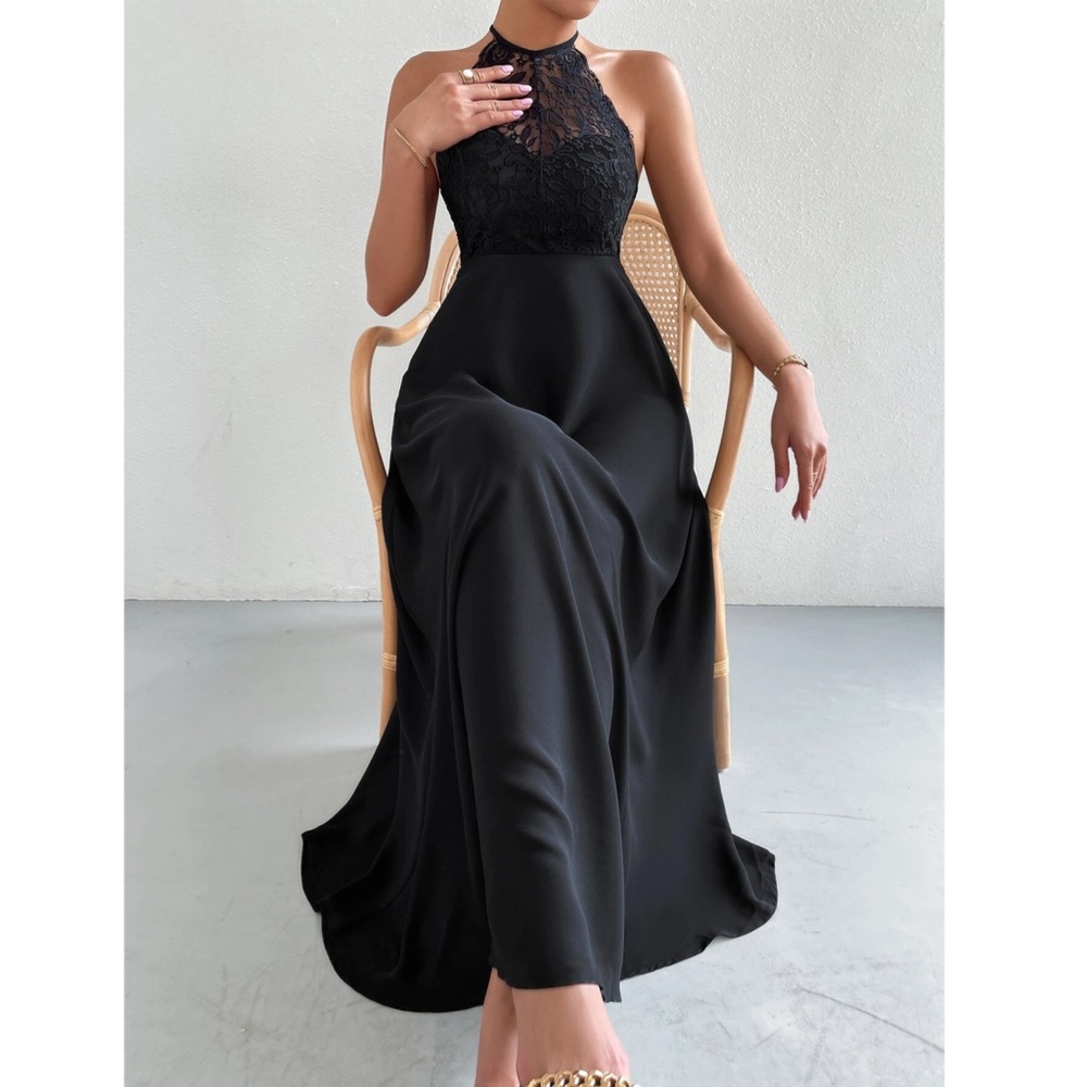 Black Elegant Maxi Dress Lace Halter Neckline Tie Back Backless Flared Long - Picture 4 of 10